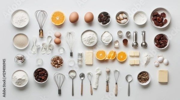 Fototapeta Baking ingredients, tools arranged on white background, recipe preparation
