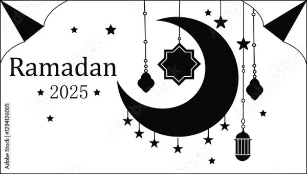 Fototapeta Ramadan 2025 Crescent Moon and Stars Vector Illustration – Islamic Festive Design with Hanging Lanterns and Ornaments on Transparent Background.