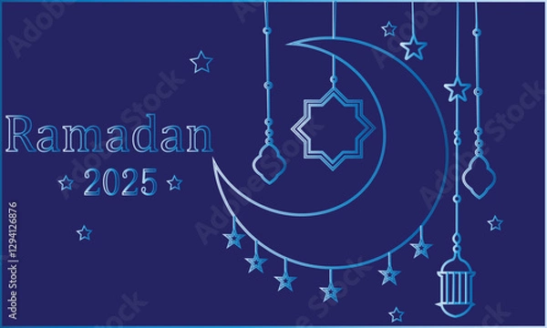 Fototapeta Ramadan 2025 Crescent Moon and Stars Vector Illustration – Islamic Festive Design with Hanging Lanterns and Ornaments on Transparent Background.