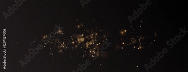 Fototapeta Gold sparkling dust with gold sparkling stars on a transparent background.Glittering texture. Christmas effect for luxury greeting rich card. Gold dust PNG.	