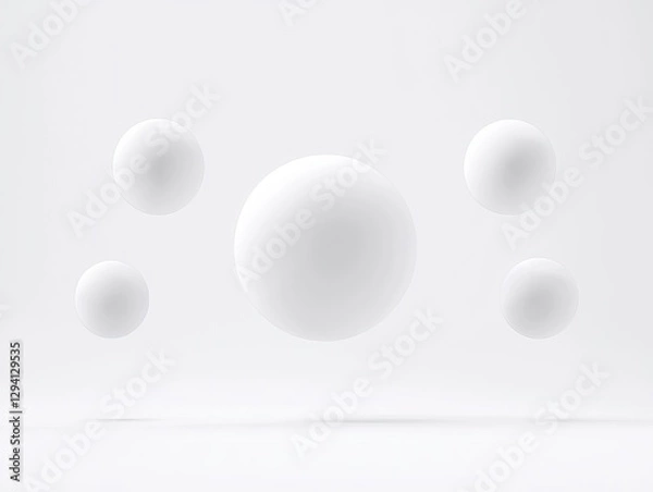 Fototapeta Five white spheres levitate against a minimalist white background, creating a clean and modern composition.