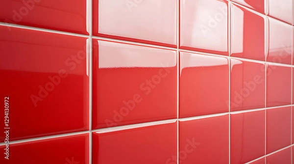 Fototapeta A wall with tiles of vibrant red color, separated by a white border. Tiles create a symmetrical pattern. The scene offers a close-up perspective.