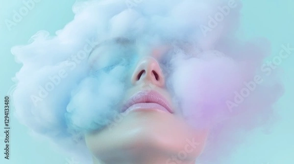Fototapeta Dreamy pastel clouds envelop serene face, creating ethereal atmo