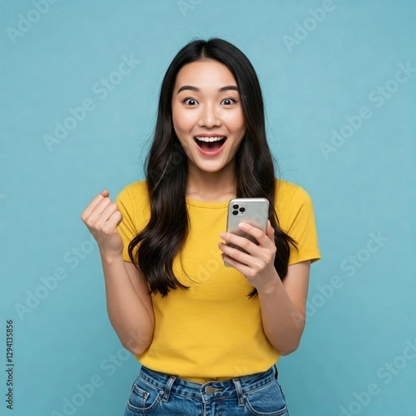Obraz Surprised young Asia lady using mobile phone with positive expression, smiles broadly, dressed in casual clothing and stand isolated on blue background. Happy adorable glad woman rejoices success.