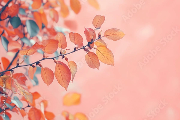 Fototapeta Coral Autumn Leaves Branch with Soft Pink Background and Delicate Seasonal Texture