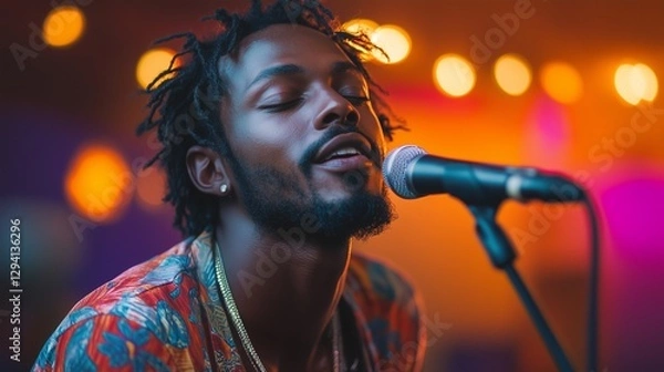 Fototapeta A man with dreadlocks passionately sings into a microphone on a vibrant stage with warm glowing lights
