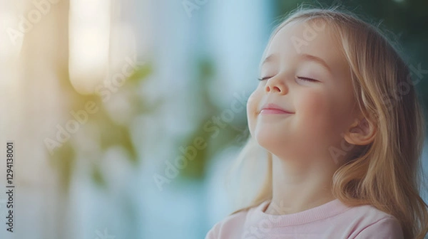 Fototapeta Portrait of a Young Blonde Girl with a Happy Expression, Head and Shoulders, Soft Lighting
