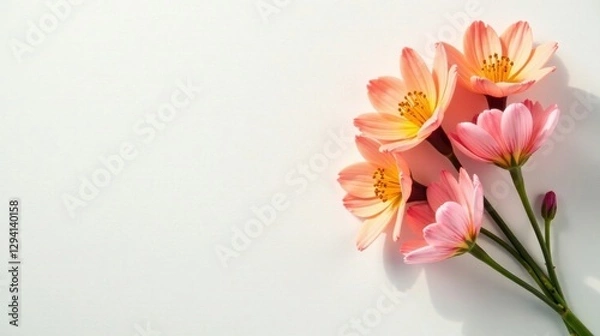 Fototapeta Delicate Peach Blossoms Arranged on a White Background A Serene Floral Composition