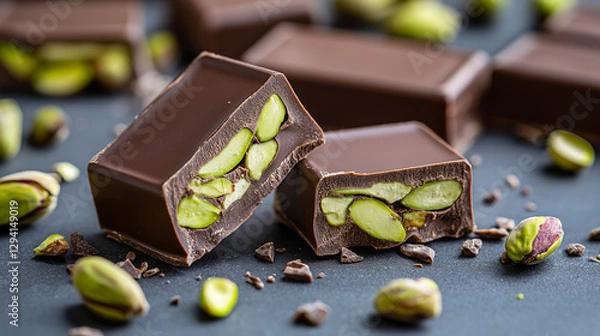 Obraz Close-up of chocolate bars filled with pistachios, with broken pieces revealing the green pistachio nuts inside.