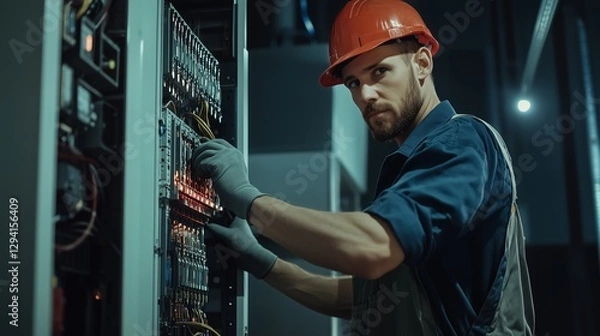 Fototapeta A male electrician works in a switchboard in overalls against the backdrop of emergency lighting.