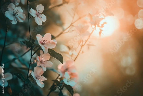 Fototapeta Flower Background Delicate Cherry Blossoms with Soft Golden Sunset Bokeh and Dreamy Atmosphere