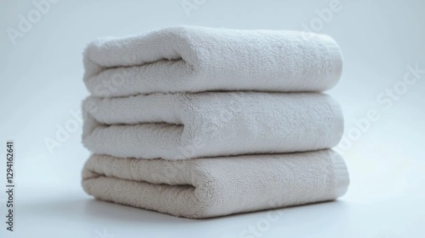 Obraz A stack of white towels neatly arranged on a white background, creating a clean, minimalist, and fresh aesthetic.
