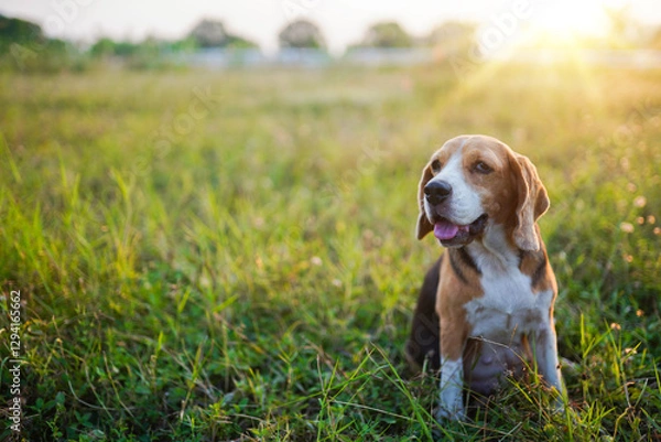 Fototapeta A Cute Beagle Sitting on The Grass Field in a Relaxed Outdoor Setting Covered by Golden Sunlight