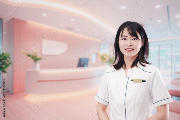 Fototapeta クリニックの受付で働く若い女性