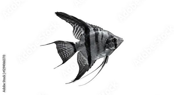 Fototapeta A single angelfish with elegant, long fins in black and white, against a white background