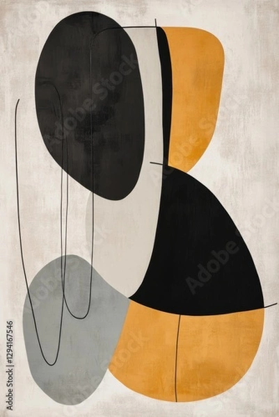 Fototapeta Abstract shapes in modern minimalist art featuring earthy tones of black, gray, and orange, perfect for contemporary home decor and artistic wall design.