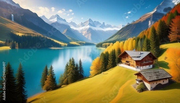 Fototapeta swiss landscape with house lake mountains and pine trees ai generative