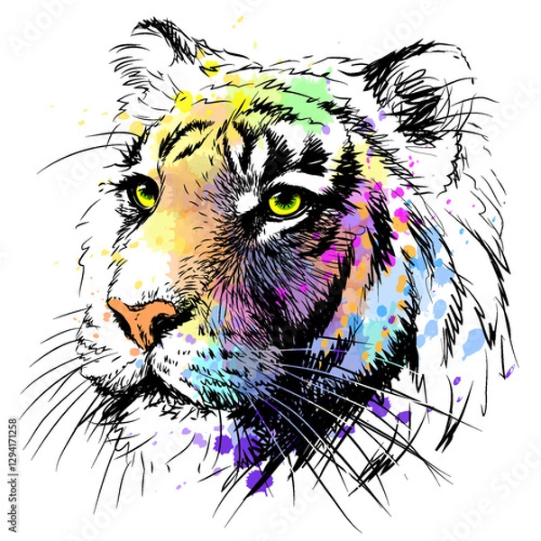 Fototapeta Sketch, graphic, color portrait of a tiger in watercolor style.