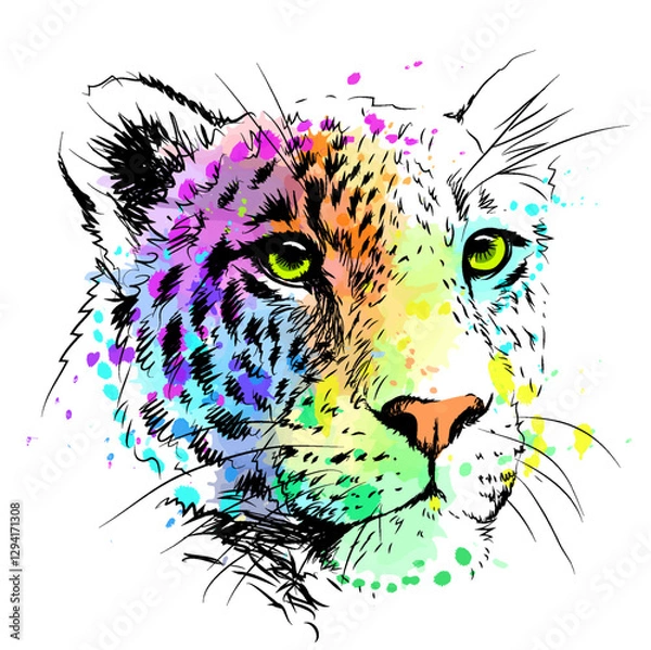 Fototapeta Abstract, sketch, color portrait of a leopard in watercolor style.