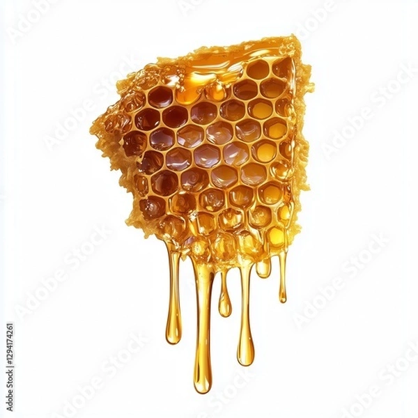 Fototapeta Realistic illustration of a honeycomb piece dripping with golden honey on a clean white background