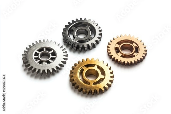 Fototapeta Four metallic gears in silver and gold, isolated on white background, symbolizing teamwork and mechanics.