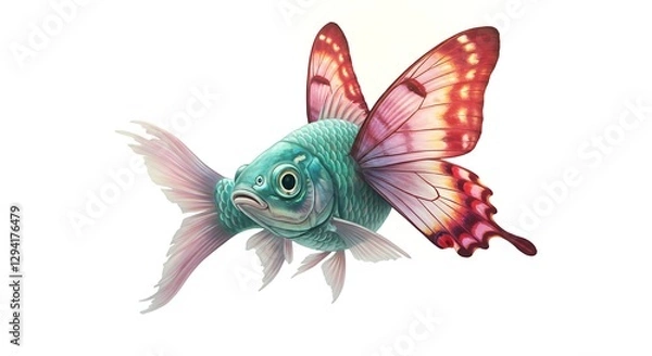 Fototapeta A surreal fish with butterfly wings instead of fins, hovering on a white backdrop.