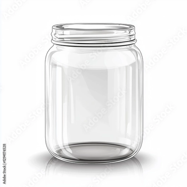 Fototapeta Realistic illustration of an empty transparent glass jar with a simple design, sharp details, and reflections on a clean white background