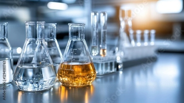 Fototapeta Colorful laboratory glassware displaying clear and amber liquids in a well-organized modern workspace during daylight