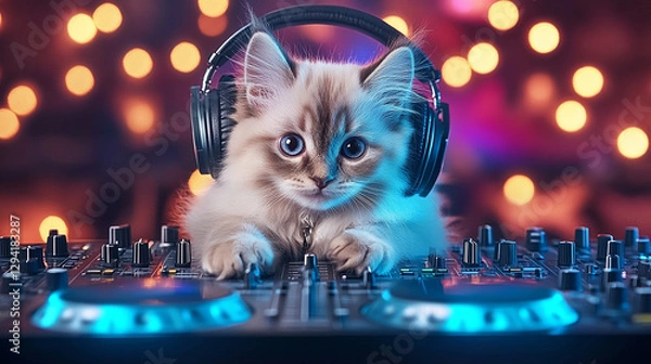 Obraz Cat wearing headphones, cat enjoying music, cat with stylish headphones