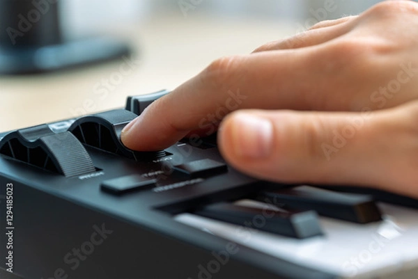 Fototapeta Woman playing MIDI keyboard with control knobs and pads, close-up.