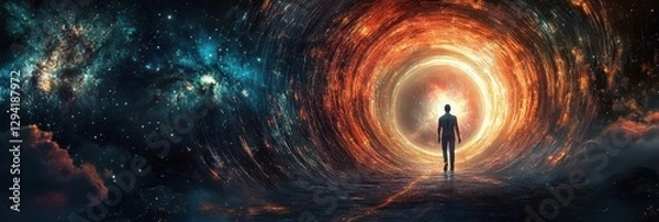 Fototapeta A traveler stepping through an Einstein-Rosen bridge, visually stunning space-time portal, ultra-HD