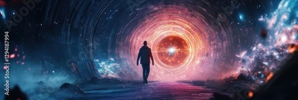 Fototapeta A traveler stepping through an Einstein-Rosen bridge, visually stunning space-time portal, ultra-HD