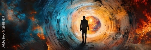 Fototapeta A traveler stepping through an Einstein-Rosen bridge, visually stunning space-time portal, ultra-HD