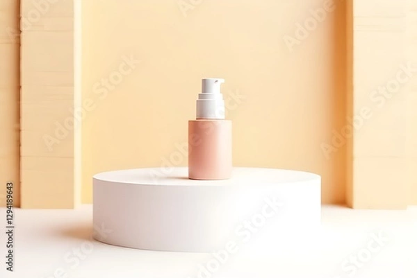 Fototapeta Elegant Peach-Colored Cosmetic Bottle on a White Display Stand