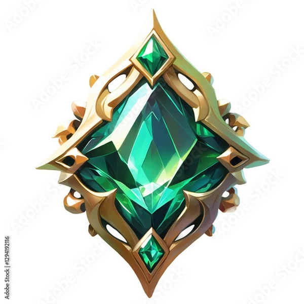Fototapeta Emerald gemstone emblem with gold border art. Green jewel diamond shape with decorative frame isolated cutout on transparent background.
