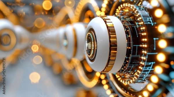 Fototapeta Futuristic technological device with white gold and circuit board elements