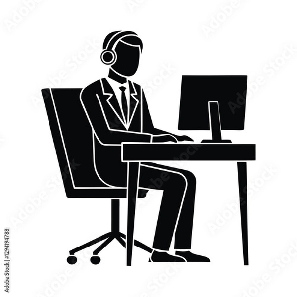 Obraz Professional office worker silhouette seated with headset at desk