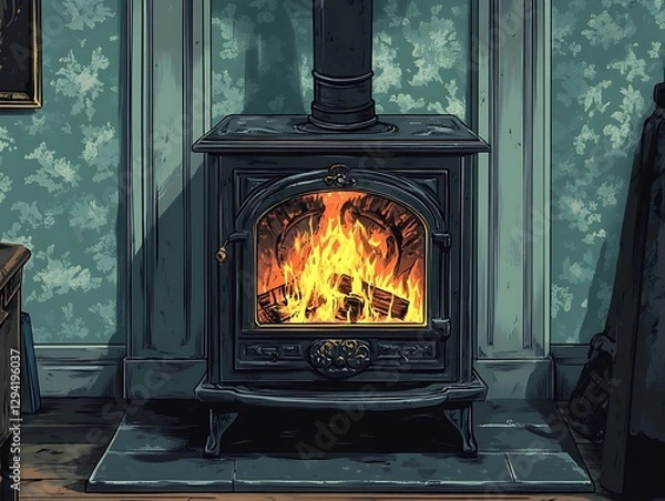 Fototapeta Cozy wood burning stove in a vintage room. Possible use Stock photo for interior design or home decor