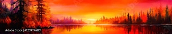 Obraz Fiery sunset landscape painting reflects vibrant colors across a serene lake and forest.