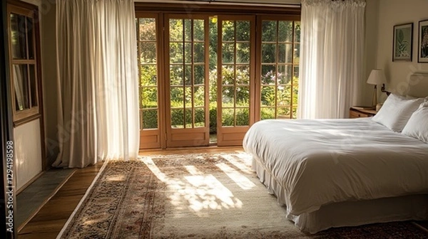 Fototapeta A luxurious bedroom with crisp white linens, a soft rug, and a view of a garden digital