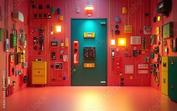 Fototapeta A vibrant room filled with colorful switches, buttons, and indicators, creating a playful yet industrial atmosphere.