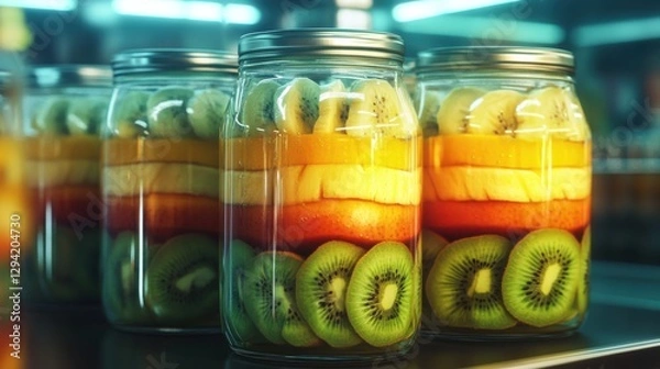 Fototapeta Bright Smoothie Jars with Layers of Mango Banana an