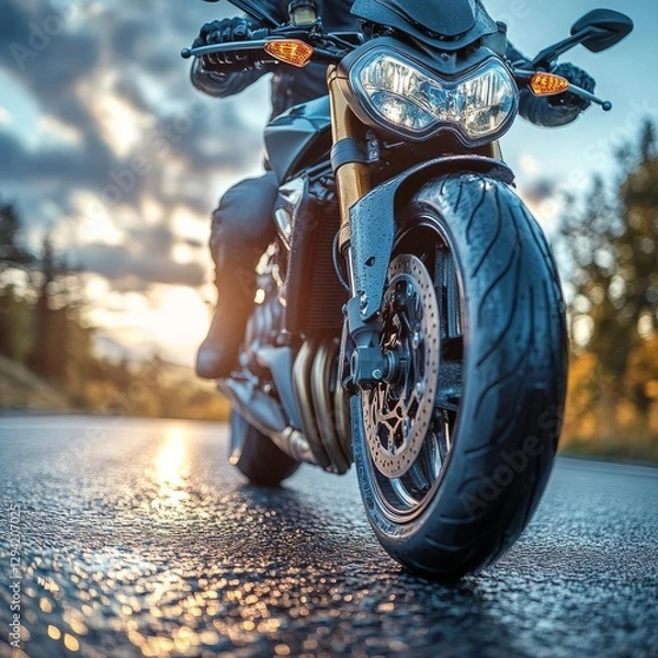 Fototapeta Sport. Biker standing near the motorcycle on an empty road at sunny day. Close view on legs