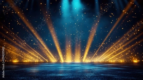Fototapeta Dynamic golden and blue light beams create an atmospheric backdrop for events and performances