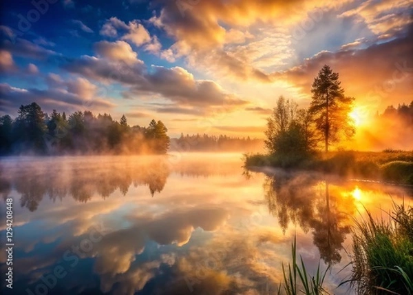 Fototapeta Misty River Dawn: Foggy Lake and Low Clouds Scenic View