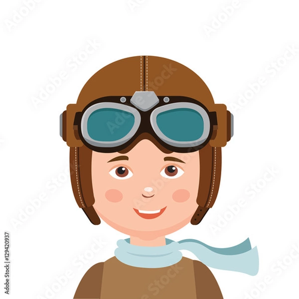 Fototapeta Young Boy Pilot Isolated In White Background. Retro Vector Illustration. Boy Pilot Hat. Brave Pilot. The Adventure Begins.