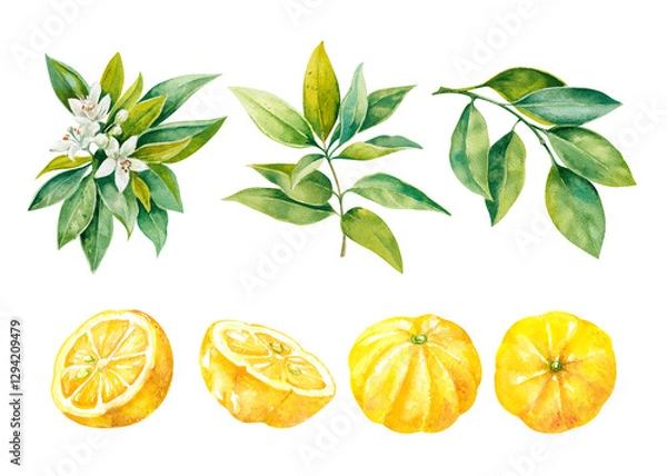Obraz Set of yuzu bright juicy fruit watercolor illustration elements isolated on white background