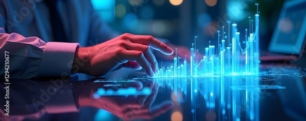Fototapeta A high tech hand analyzing glowing 3D charts on a reflective digital surface futuristic office blue and purple neon glow modern design.