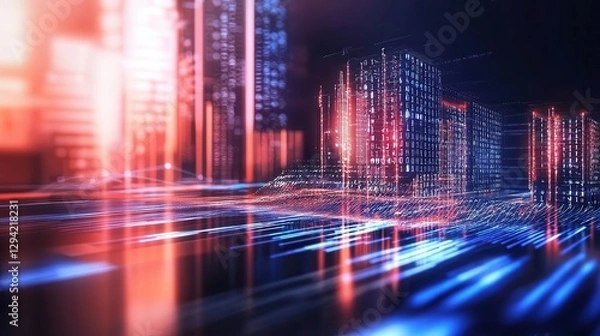 Fototapeta Dynamic big data flow in cyber network futuristic cityscape abstract
