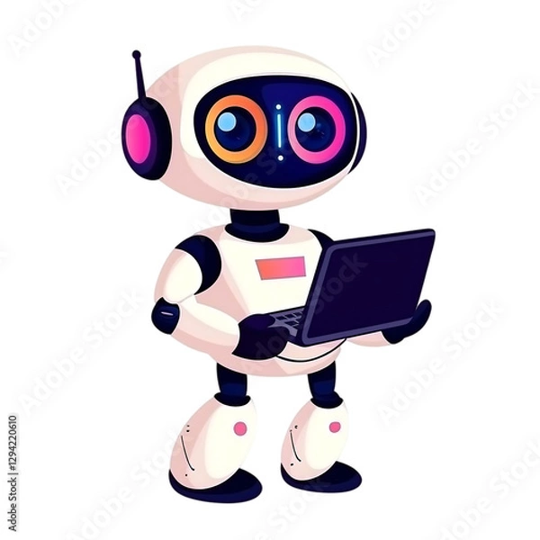 Obraz Cute robot working on laptop ,transparent background